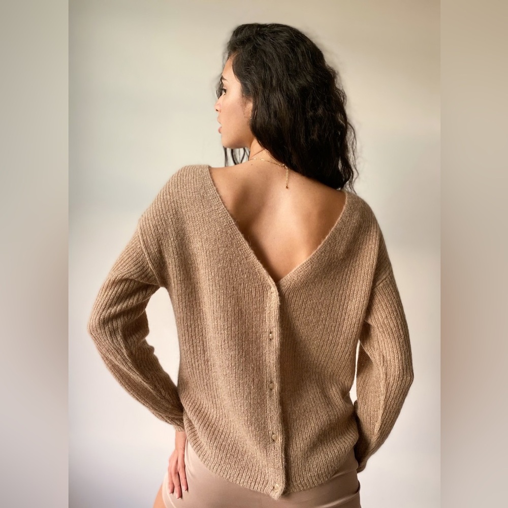 Aritzia Beige Button-Back V-Neck Ribbed Sweater